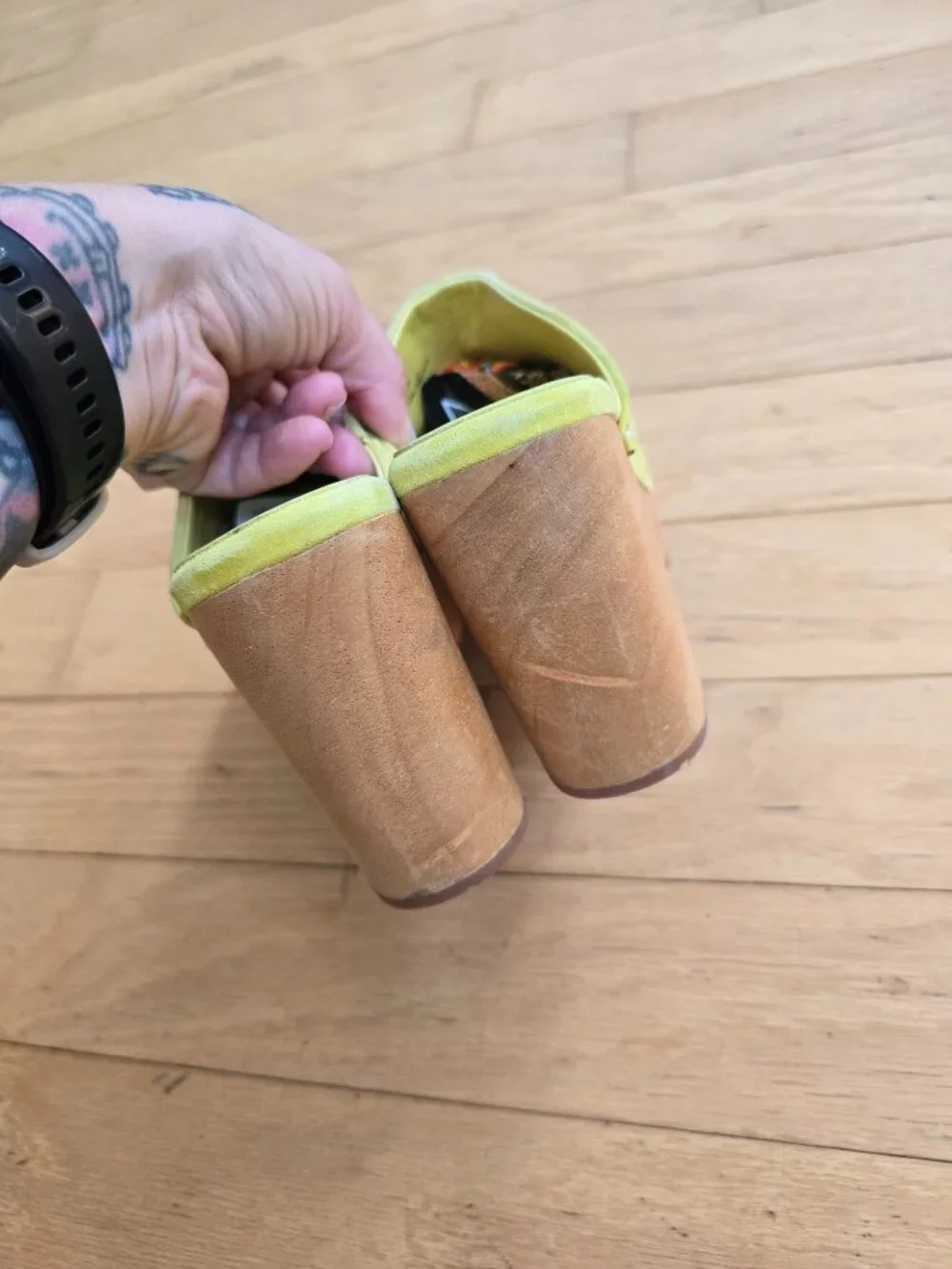 Charlotte Stone | Marlo Lime Green Suede Retro Wooden Platform Mules | WMS 6